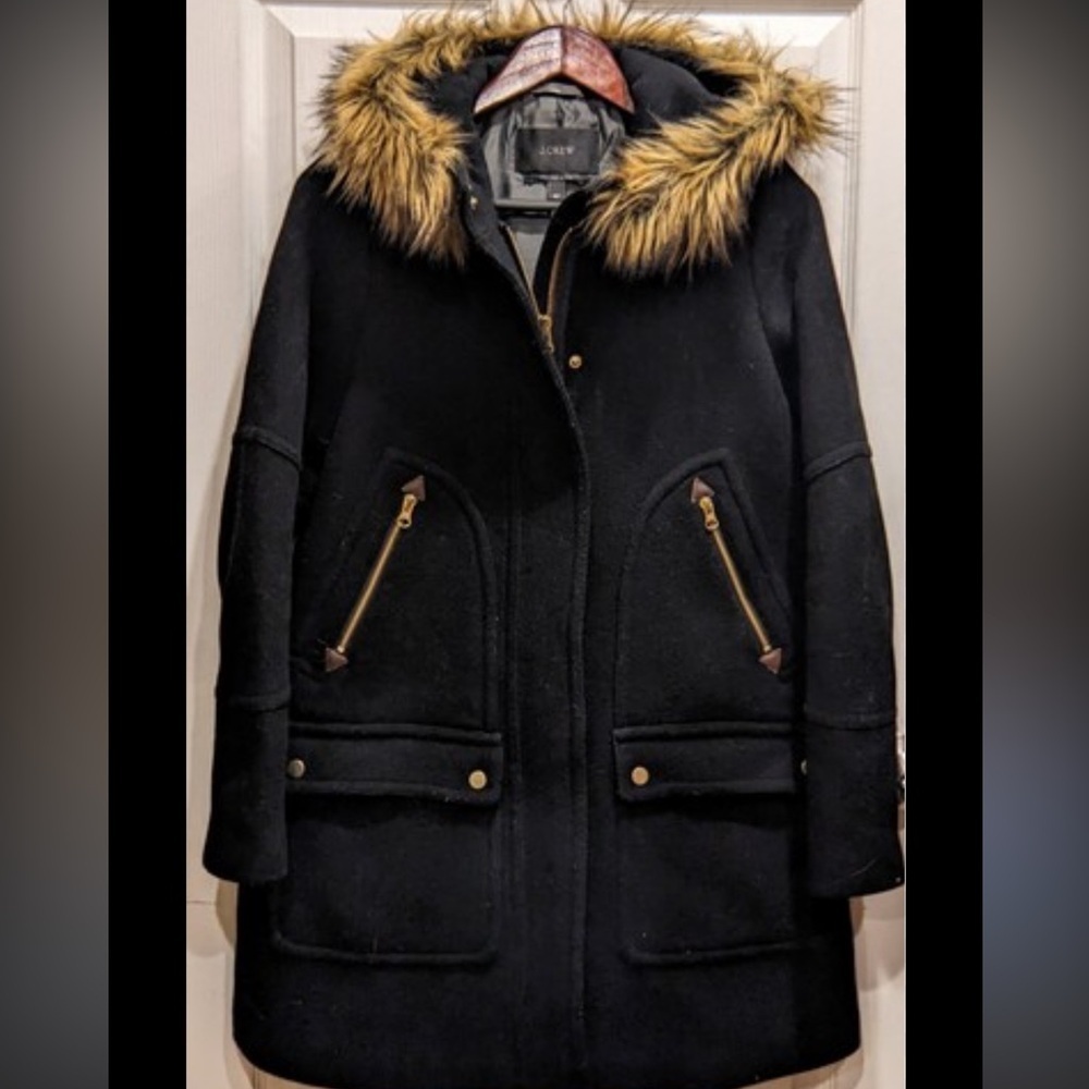 J.Crew Chateau Parka in Italian stadium-cloth wool with a faux-fur hood size 8